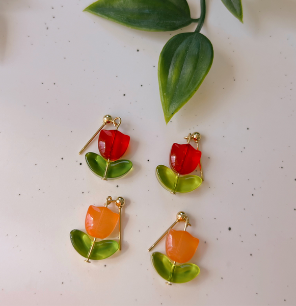 Red & Orange Tulip Bead Earrings