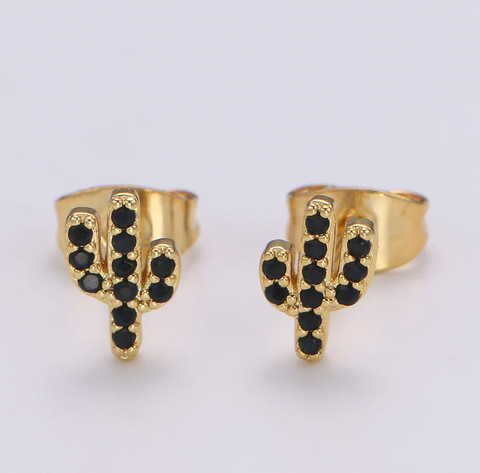 Gold Plated Black CZ Cactus Studs