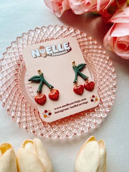 Sparkly Heart Cherry Earrings