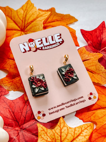 Moody Black Floral Book Earrings