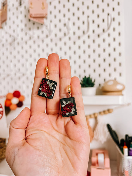 Moody Black Floral Book Earrings