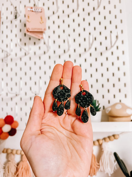 Black Monochromatic Floral Patterned Earrings