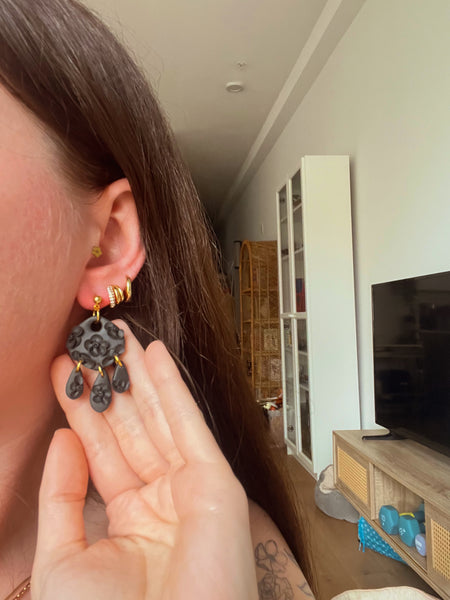 Black Monochromatic Floral Patterned Earrings